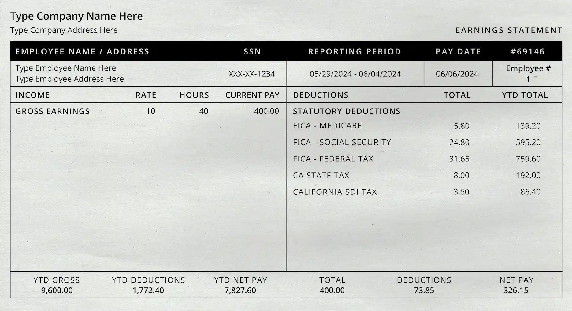Classic pay stub template — clean and simple